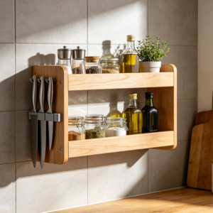 Kitchen Wall Shelf with Integrated Magnetic Knife Strip