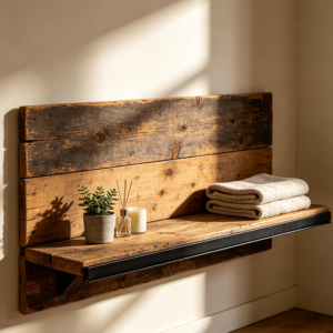Reclaimed Wood Floating Shelf with Metal Rail