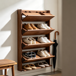 Wall‑Mounted Shoe Rack with Slanted Shelf Dividers