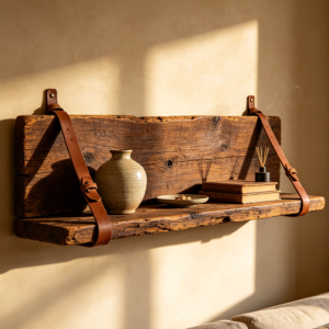 Rustic Oak Wall Shelf with Leather Straps